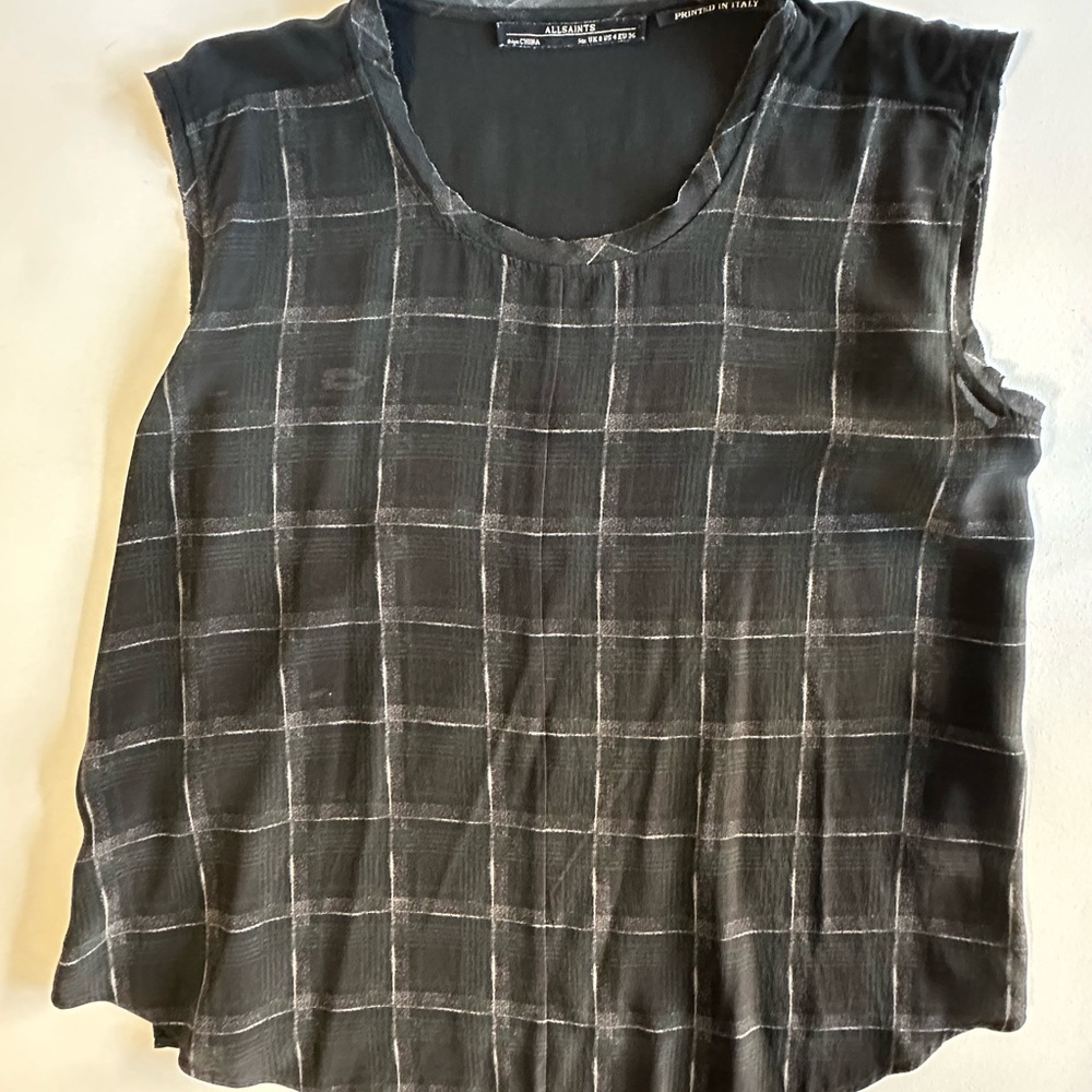 All Saints Black & Gray Checkered Silk Blouse, Iconic, Pretty Punk, 4 US, 36 EUR